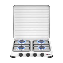 Muvip Vulcano Cocina de Gas con 4 Fuegos - Tapa Protectora - Patas de Goma - Superficie Esmaltada - Quemador Extraible - 47.8x47.8x60cm - Color Blanco