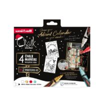 Uni-ball Chalk Colores Navidad Pack de 4 Marcadores de Tiza Liquida + Posters - Punta Conica 1.8-2.5mm - Borrado en Humedo - Resistente a la Lluvia - Colores Surtidos