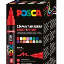 Posca PC-5BR Caja con 16 Marcadores de Pintura - Punta Brush 1-4mm - Tinta Base al Agua - Resistente a la Luz - No Permanente - Colores Surtidos
