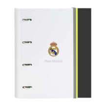 Safta Real Madrid Carpeta de 4 Anillas - Tapas Duras Forradas - Lomo de 35mm - Incluye 100 Hojas A4 con Cuadriculada 5X5mm - 27x32x3.5cm - Color Blanco