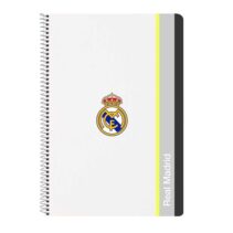 Safta Real Madrid Cuaderno Espiral - Tapas Duras - 80 Hojas A4 con Cuadriculada 4X4mm - Formato Folio - 21.5x31x1cm - Color Blanco y Negro