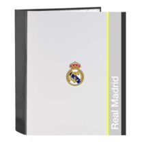 Safta Real Madrid Carpeta de 4 Anillas - Tapas Duras Forradas - Lomo de 60mm - Formato Folio - 27x33x6cm - Color Blanco y Negro