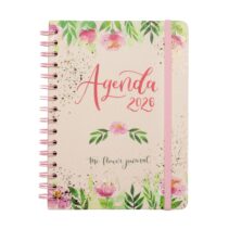 Finocam Flower Journal Agenda de Espiral en Catalan - Anual 2026 - Tapa Dura - Cierre de Goma - Formato E10 - 155X212mm - Semana Vista Horizontal - Color Rosa