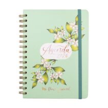 Finocam Flower Journal Agenda de Espiral en Catalan - Anual 2026 - Tapa Dura - Cierre de Goma - Formato E10 - 155X212mm - Semana Vista Horizontal - Color Verde