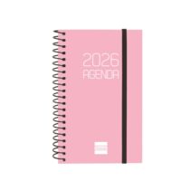 Finocam Opaque Agenda de Espiral en Catalan - Anual 2026 - Tapa Ligera - Cierre con Goma Elastica - Formato E3 - 85x14x127mm - Semana Vista Horizontal - Color Rosa