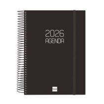 Finocam Opaque Agenda de Espiral - Anual 2026 - Tapa Ligera - Cierre con Goma Elastica - Formato E10 - 175x29x212mm - 1 Dia por Pagina - Color Negro