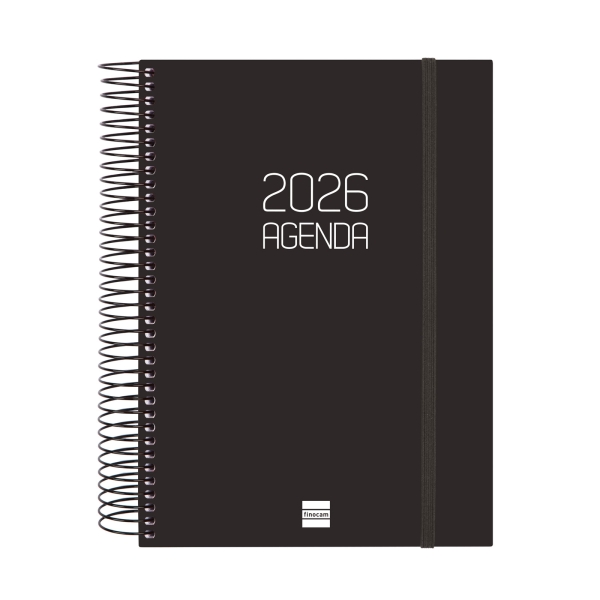 Finocam Opaque Agenda de Espiral - Anual 2026 - Tapa Ligera - Cierre con Goma Elastica - Formato E10 - 175x29x212mm - 1 Dia por Pagina - Color Negro