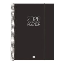 Finocam Opaque Agenda de Espiral - Anual 2026 - Tapa Ligera - Cierre con Goma Elastica - Formato E40 - 230x29x297mm - 1 Dia por Pagina - Color Negro