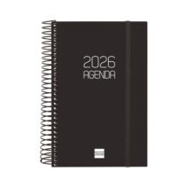 Finocam Opaque Agenda de Espiral en Catalan - Anual 2026 - Tapa Ligera - Cierre con Goma Elastica - Formato E5 - 135x24x181mm - 1 Dia por Pagina - Color Negro