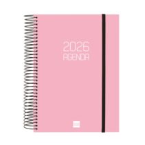 Finocam Opaque Agenda de Espiral en Catalan - Anual 2026 - Tapa Ligera - Cierre con Goma Elastica - Formato E10 - 175x29x212mm - 1 Dia por Pagina - Color Rosa