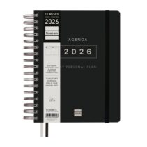 Finocam Tempus Agenda de Espiral - Anual 2026 - Tapa Extradura - Cierre de Goma - Formato 1/4 - 157x217mm - 1 Dia por Pagina - Color Negro