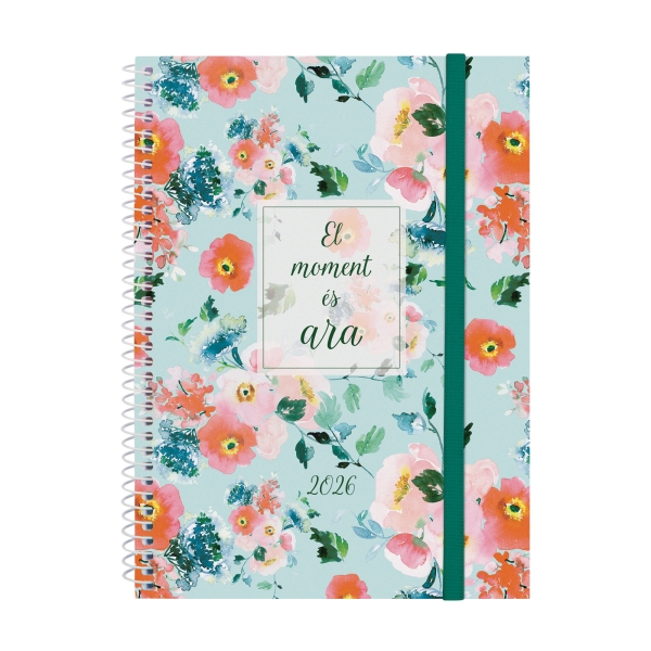 Finocam Design Collection Agenda de Espiral en Catalan - Anual 2026 - Tapa Ligera - Formato E10 - 162x14x212mm - Semana Vista Horizontal - Tematica de Flores