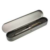 Milan Caja Metalica con Boligrafo Multifuncion - Boligrafo Azul - Boligrafo Rojo - Portaminas - Goma de Borrar - Color Plata