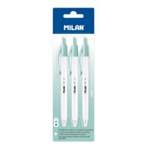 Milan P1 + Pack de 3 Boligrafos de Bola Retractiles - Tinta Azul - Punta Redonda 1mm - Superficie Antibacteriana - Color Blanco
