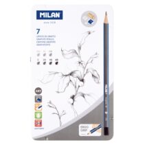Milan Pack de 7 Lapices + 1 Sacapuntas + 1 Gomas de Caucho + 1 Goma de Miga de Pan - Grado de Durezas Surtidas - Caja Metalica - Durezas Surtidas - Color Gris Oscuro
