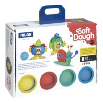 Milan Soft Dough Pack de 4 Botes de Pasta Blanda - Maletin con Herramientas - 116g por Unidad - 100% Vegetal - Moldeable - Sin Residuos - Colores Mezclables - Tematica Caras Divertidas