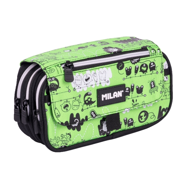 Milan Tandem 2 Estuche Portatodo con Solapa - Cremallera - 4 Compartimentos - 13x24x10cm - Color Verde