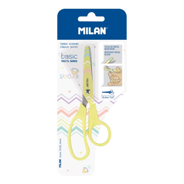 Milan Basic Tijeras de 13.4cm - Mango Ergonomico - Punta Redondeada - Hoja de Acero Inoxidable - Color Rosa Pastel