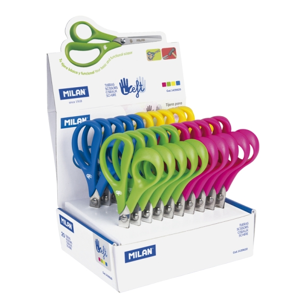 Milan Expositor con 20 Tijeras para Zurdos - Mango Ergonomico - Punta Redondeada - Acero Inoxidable de 14cm - Colores Surtidos