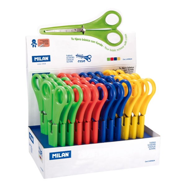 Milan Expositor con 24 Tijeras con Funda - Regla Integrada de 5cm - Punta Redondeada - Acero Inoxidable de 14.7cm - Colores Surtidos