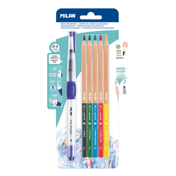 Milan Water Brush Pack de Pincel Recargable + 5 Lapices Acuarelables - Mina Gruesa - Color Azul