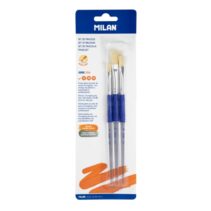 Milan 526 Pack de 3 Pinceles Planos - Formatos Surtidos - Cerda Natural - Mango Ergonomico de Plastico - Color Blanco