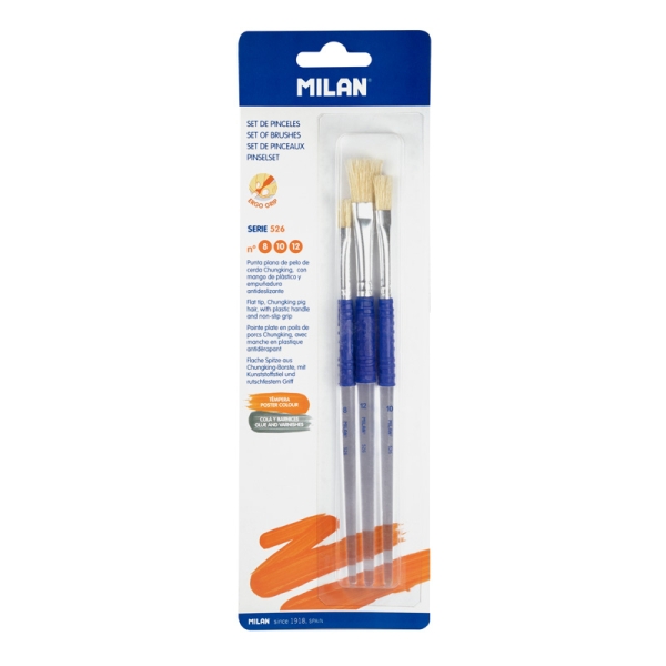 Milan 526 Pack de 3 Pinceles Planos - Formatos Surtidos - Cerda Natural - Mango Ergonomico de Plastico - Color Blanco