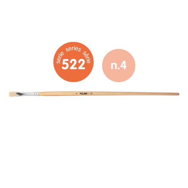 Milan 522 Pack de 6 Pinceles Planos para Oleo Numero 4 - Bolsa con Colgador - Cerda Natural - Color Madera Claro