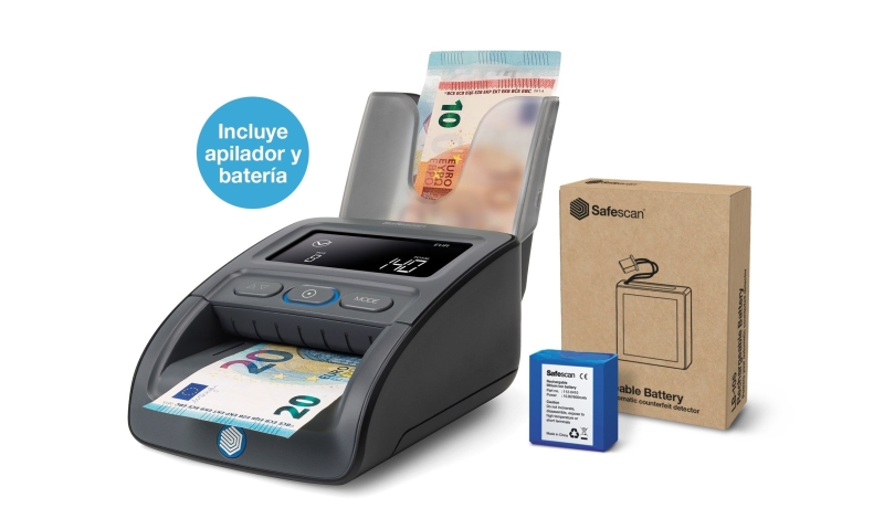 Safescan 155-S Pack de Detector Automatico de Billetes Falsos - Bateria y Apilador Incluidos - Verifica