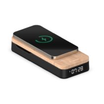 Thomson Reloj Despertador Plegable 3 en 1 - Cargadores Induccion Compatibles con Android y Apple - Cargador USB-C - Brillo Ajustable - Color Madera y Negro