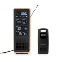 Thomson Altavoz Bluetooth con Estacion Meteorologica y Radio FM - Potencia Musical 15W - Pantalla Retroiluminada - Sonda Exterior Inalambrica - Color Madera y Negro