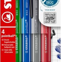 Stabilo Pointball Colorful Pack de 4 Boligrafos Retractiles - Trazo 0.5mm - Hechos con 87% Bioplastico - Grip Antideslizante - Recargables - Colores Surtidos