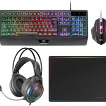 Mars Gaming MCP124PRO Combo Pack Gaming 4en1 - Teclado Hibrido H-Mech - Disposicion Portuguesa QWERTY PT - Raton 3200dpi - Alfombrilla Nanotextil - Color Negro