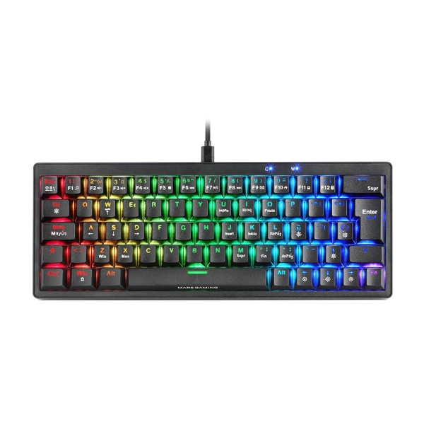 Mars Gaming MKMINIPRO Teclado Compacto Hibrido H-Mech - Switch SKN Amarillo - Disposicion Internacional QWERTY US - Iluminacion RGB Chroma - 300x114x42mm - Color Negro