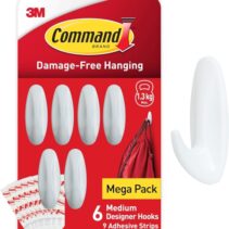 Command Pack de 6 Ganchos de Diseño Medianos - 9 Tiras Adhesivas - Soportan hasta 1.3kg - Color Blanco