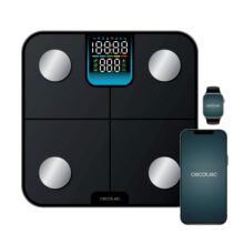 Cecotec Surface Precision HealthySmart Bascula Corporal hasta 180kg - Bluetooth 4.0 - Analisis Corporal Completo - Patas Antideslizantes - Funcion Bebe - Cristal Templado - LCD - 310x310mm - Color Negro