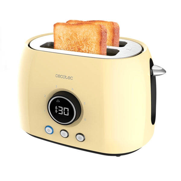 Cecotec ClassicToast 8000 Tostadora de Doble Ranura - 800W - Pantalla Digital - Ranura Ancha - 3 Funciones - Calienta Panecillos - 6 Niveles - Extra Elevacion - Autocentrado - Color Amarillo Pastel