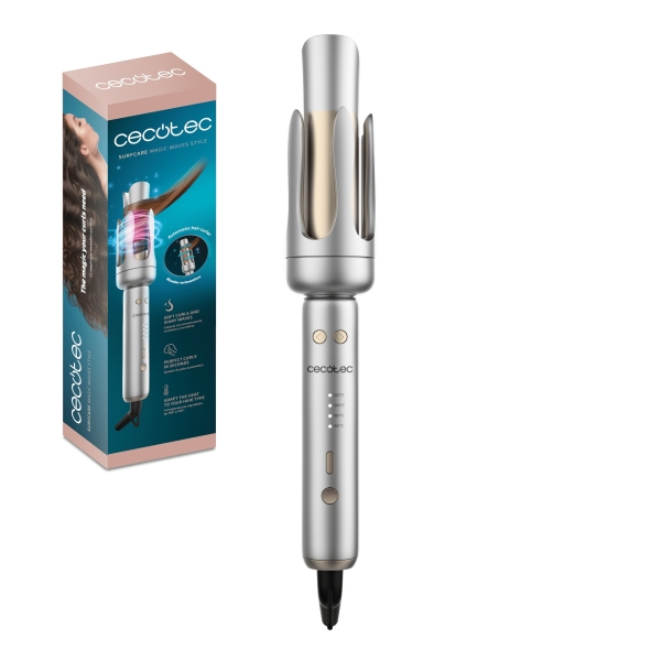 Cecotec SurfCare Magic Waves Style Rizador de 32mm - Rizos Suaves y Brillantes - Revestimiento Ceramica y Turmalina - 4 Temperaturas Ajustables - Punta Fria - Autoapagado - Cable Giratorio - Color Plata