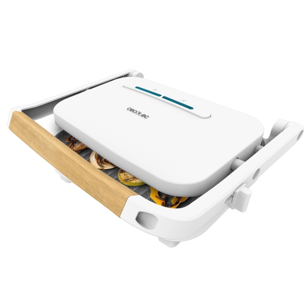 Cecotec Rock'nGrill 1300 WoodW Parrilla Electrica - Potencia de 1300W - Revestimiento Antiadherente - Base Antideslizante - Placa Ajustable - Indicador Luminoso - Asa de Madera - Color Blanco