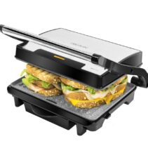 Cecotec Rock'nGrill 1500 Rapid Parrilla Electrica - Potencia de 1500W - Revestimiento Antiadherente - Bandeja Recogegrasas - Placa Superior Ajustable - 24.5x17.3cm - Acero Inoxidable
