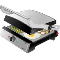 Cecotec Rock'nGrill Pro Parrilla Electrica - 2000W - Antiadherente - Placas Extraibles y Reversibles - Apertura 180º - Libre de PTFE y PFOA - Pinza - Base Antideslizante - 34x23cm - Acero Inoxidable
