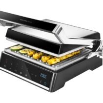 Cecotec Rock’nGrill Smart Parrilla Electrica - 2000W - Sistema Autocook - Revestimiento Antiadherente - Apertura 180º - Placas Desmontables - Rango de 150 a 230°C - 28.5x22.5cm - Acero Inoxidable