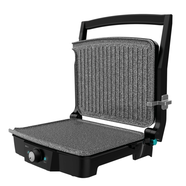 Cecotec Rock’nGrill 2000 Stone Ceramic MixandGrill Parrilla Electrica - 2000W - Antiadherente - Grill y Plancha - Apertura 180º - Bandejas Recogegrasas - Libre de PTFE y PFOA - Color Negro