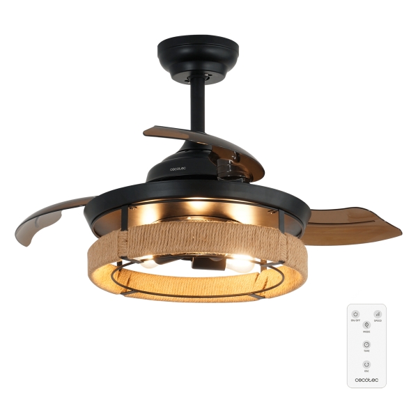 Cecotec EnergySilence Aero 3600 Invisible Natural Design Ventilador de Techo con 3 Aspas Retractiles - 25W - 6 Velocidades - Temporizador - Tulipa Natural con Cuerda - Modo Invierno - Color Negro