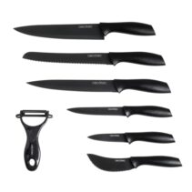 Cecotec titanium Pack de 7 Cuchillos Profesionales - Hoja de 2mm de Grosor - Acero Inoxidable con Recubrimiento Ceramico - Mango de Polipropileno - Aptos para Lavavajillas - Estilo Japones - Color Negro