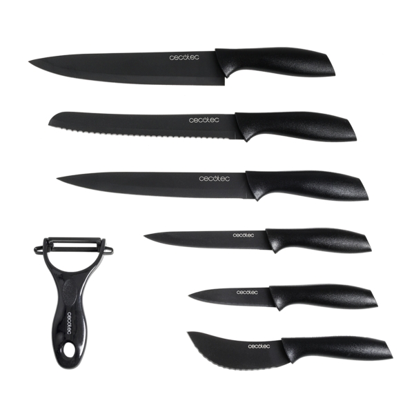 Cecotec titanium Pack de 7 Cuchillos Profesionales - Hoja de 2mm de Grosor - Acero Inoxidable con Recubrimiento Ceramico - Mango de Polipropileno - Aptos para Lavavajillas - Estilo Japones - Color Negro