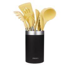 Cecotec Polka Experience Vulcano Pack de 9 Utensilios de Cocina - Mango de Acero y Caucho Termoplastico - Silicona Antiadherente - Resistente hasta 220°C - Soporte - Libre de BPA - Color Amarillo Pastel