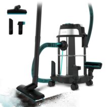 Cecotec Conga Rockstar Wet and Dry Steel Aspirador de Trineo para Solidos y Liquidos - 1200W - Carcasa Metalica - Deposito de 16L - Funcion de Soplado - Incluye Accesorios Multiples - Acero Inoxidable