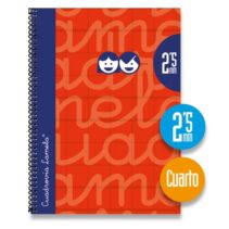 Lamela Cuaderno Espiral con 80 Hojas de 70g/m2 con Margen - Formato Cuarto - Pauta Cuadrovia de 2.5mm - Cubierta Extra Dura - Papel Offset Blanco Extra - Color Rojo