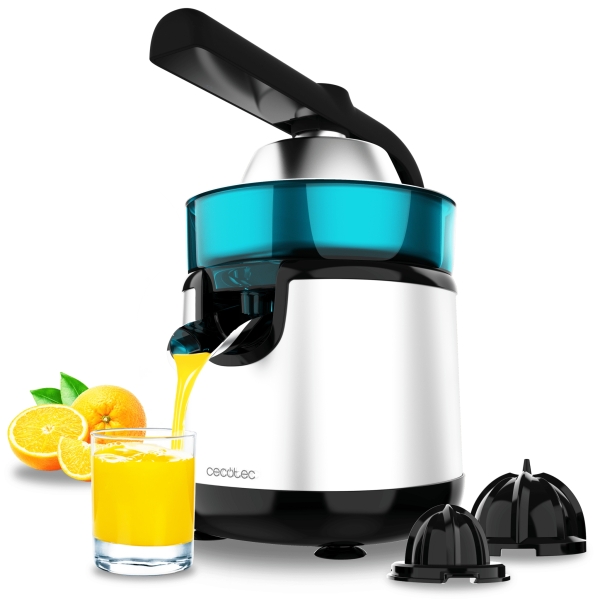 Cecotec EssentialVita Hyden 120 Steel Exprimidor Electrico de Brazo - Potencia 120W - Capacidad 250ml - Boquilla Antigoteo - Acero Inoxidable - Conos Desmontables - Color Blanco